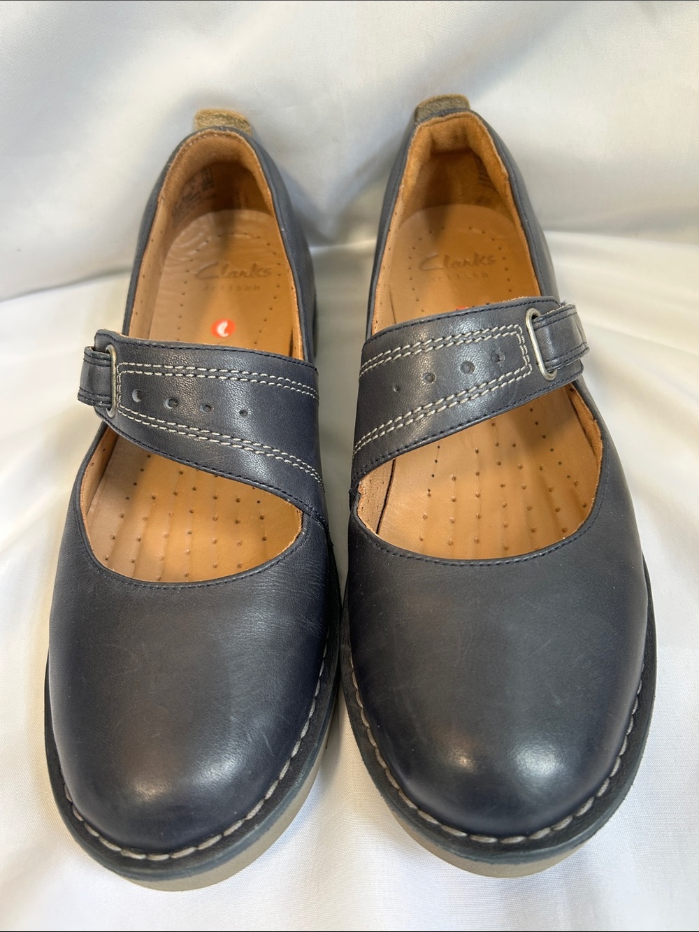 Clarks Navy Leather Mary Jane Flats with Buckle Strap